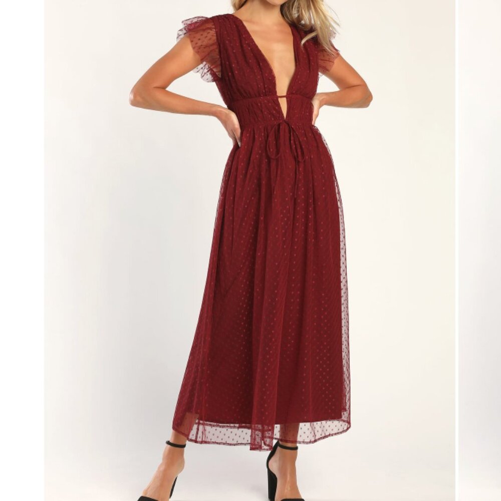 Lulu’s Burgundy Swiss-dot Ruffled Midi Dress, size XS